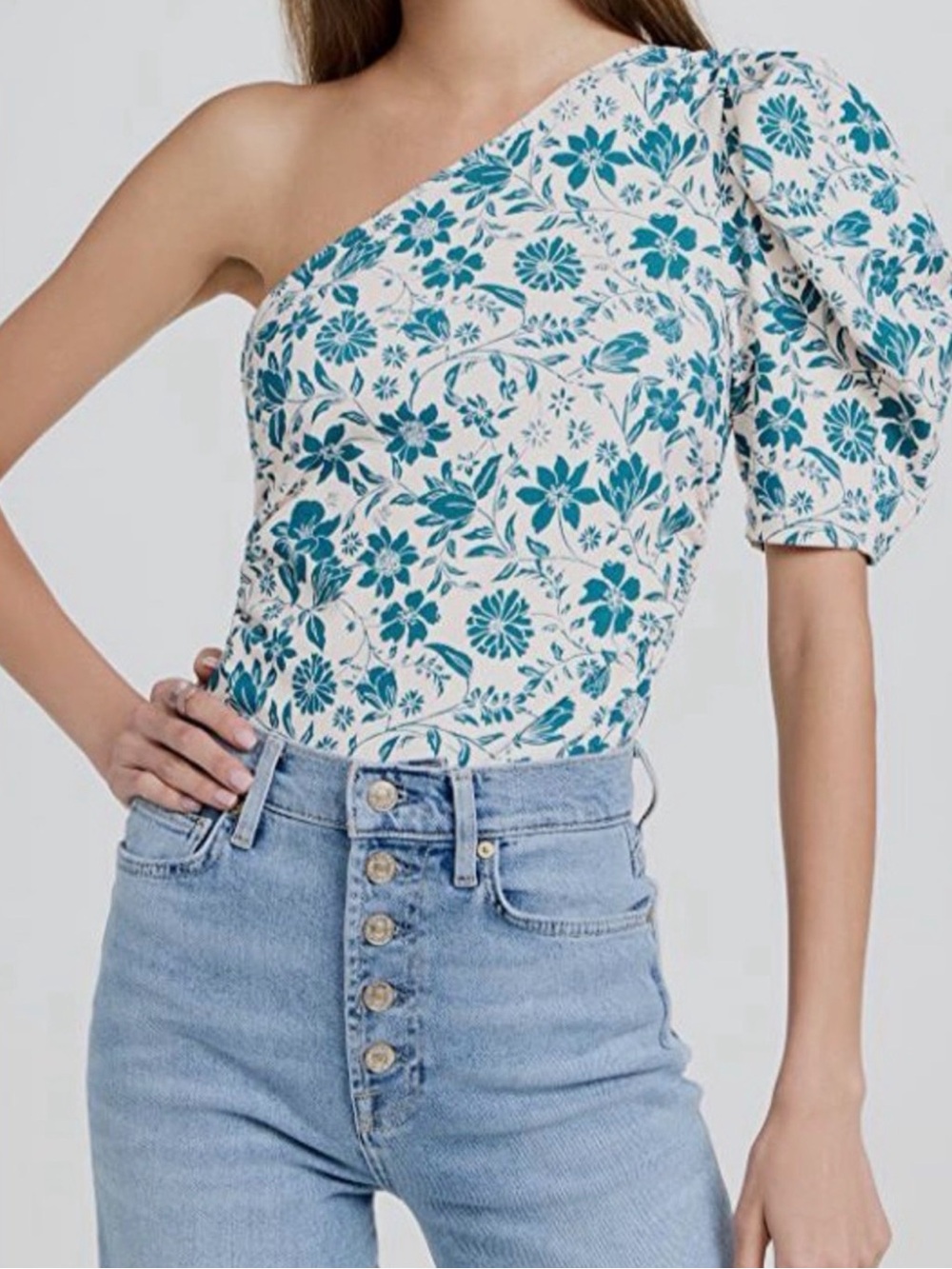 Free People One-Shoulder Floral Puff-Sleeve Top in Teal and White